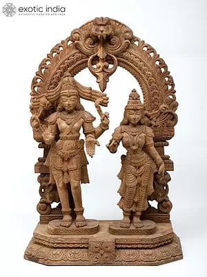 36" Large Standing Shiva Parvati on Kirtimukha Throne | Wood Carving | Antique Design