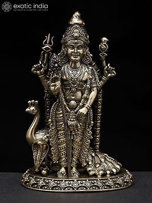 4" Small Standing Superfine Lord Karttikeya (Murugan) with Peacock | Brass Statue