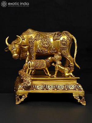 15" Brass Vastu Cow and Calf with Baby Krishna and Peacock | Brass Statue