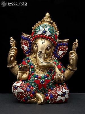 6" Small Four Armed Sitting Lord Ganesha | Brass Statue with Inlay Work