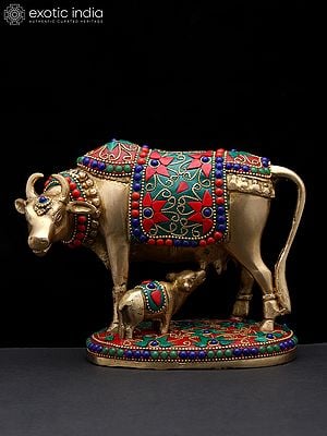 7" Cow and Calf | Brass Statue with Inlay Work