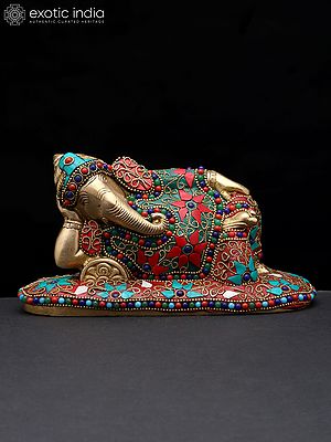 8" Relaxing Lord Ganesha | Brass Statue with Inlay Work