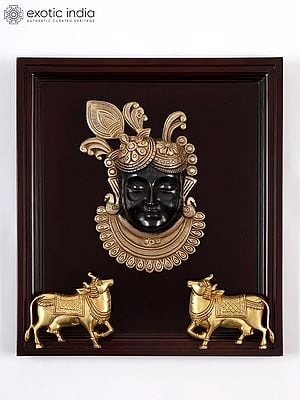 18" Brass Shrinath Ji with Two Cows | Framed Brass Sculpture | Wall Hanging