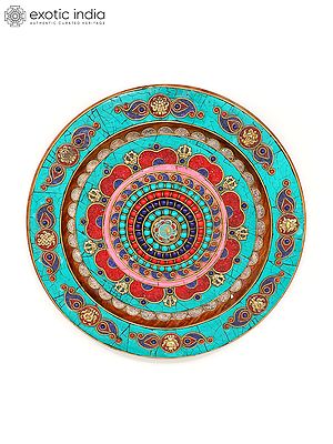 12" Round Tibetan Buddhist Wall Hanging in Wood with Inlay Work