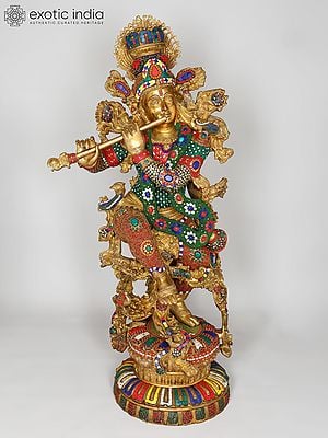 43" Large Fluting Lord Krishna | Brass Statue with Inlay Work