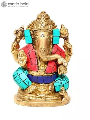 4" Small Blessing Lord Ganesha | Brass Statue with Inlay Work