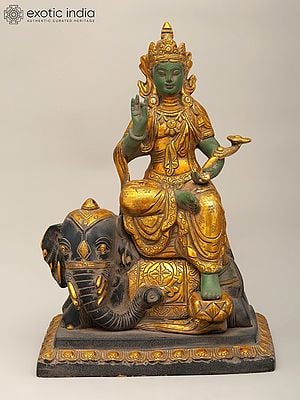 12" Tibetan Buddhist Lord Indra Seated on Airavat | Brass Statue