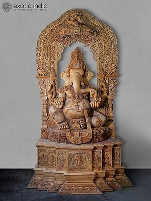 126" Super Large Chaturbhuja Lord Ganesha Seated on Kirtimukha Throne | Wood Carved Statue