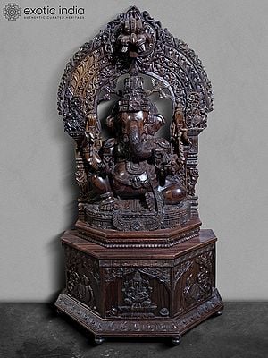 62" Large Four Armed Lord Ganesha Seated on Kirtimukha Throne | Rosewood Statue