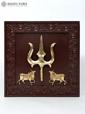 19" Kamadhenu Cows with Trishul/Trident | Wood Framed Brass Sculpture | Wall Hanging
