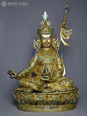 29" Tibetan Buddhist Guru Padmasambhava Statue In Copper Gold Plated | Handmade Statue