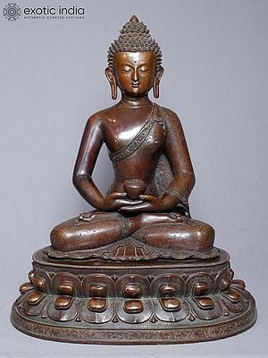 18" Lord Amitabha Buddha Statue On Pedestal In Copper Gold Plated From Nepal | Handmade Statue
