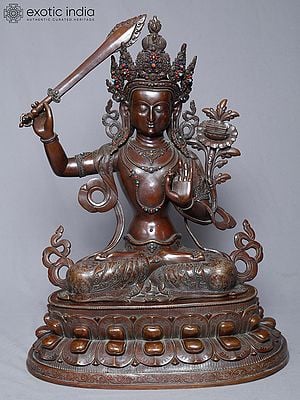 20" Seated Tibetan Buddhist Deity Manjushree Statue In Copper Gold Plated From Nepal