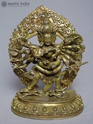 10" Buddhist Deity Chakrasamvara In Copper Gold Plated From Nepal | Handmade Statue