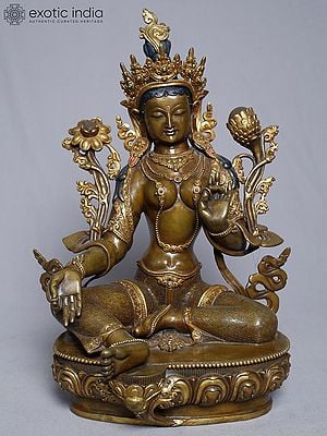 14" Goddess Green Tara Seated On Lotus Pedestal In Copper Gold Plated From Nepal | Handmade