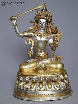 16" Copper Gold Plated Lord Manjushree Seated On Lotus Pedestal From Nepal