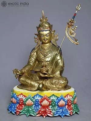 16" Copper Gold Plated Tibetan Buddhist Deity Guru Padmasambhava Statue From Nepal