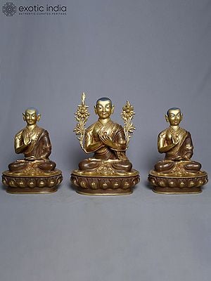 12" Statue Of Copper Gold Plated Tsongkhapa With Two Disciples Statue (Set Of 3) From Nepal