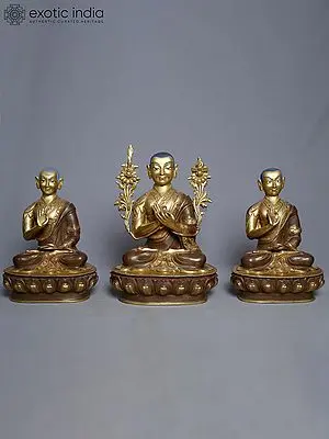 12" Statue Of Copper Gold Plated Tsongkhapa With Two Disciples Statue (Set Of 3) From Nepal
