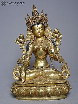 19" Goddess Green Tara In Blessing Gesture | Handmade | Copper Gold Plated Statue