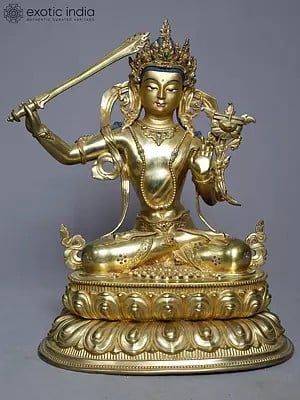 13" Seated Tibetan Buddhist Manjushree With Sword In Copper Gold Plated | Handmade