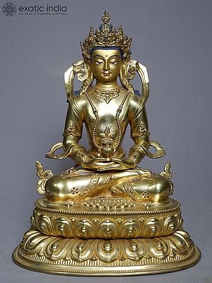 13" Seated Lord Aparmita Buddha With Kalash In Copper Gold Plated From Nepal