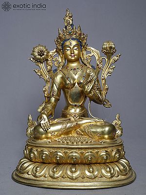 13" Copper Gold Plated White Tara Statue In Blessing Gesture From Nepal | Handmade