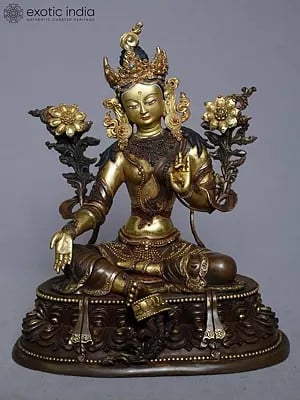 9" Goddess Green Tara Copper Gold Plated Seated Statue On Pedestal From Nepal
