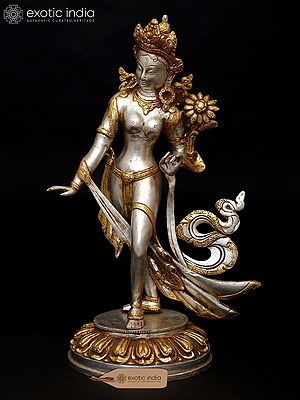 15" Standing Tibetan Buddhist Goddess Tara Statue in Brass
