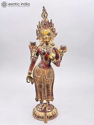 21" Standing Tibetan Buddhist Goddess Tara Brass Statue