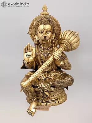 Brass Statue of Lord Hanuman, 30", Seated in Blessing Pose