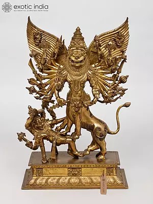Lord Shiva's Sharabha Avatara Subduing Narasimha: 24" Superfine Bronze Sculpture
