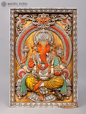 36" Four Armed Sindoori Ganesha Wood Carved Wall Panel