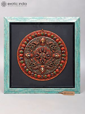 Tibetan Dragon Mandala Wall Art - 24" Wood Frame with Copper Accents