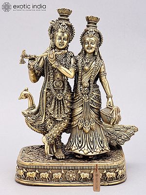 8" Standing Radha Krishna with Peacock Brass Statue
