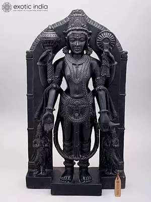 24" Four Armed Standing Lord Vishnu Black Marble Statue