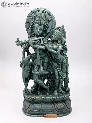 Orissa Green Stone Statue: 22" Radha Krishna with Cow