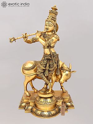 26" Krishna Brass Idol with Cow