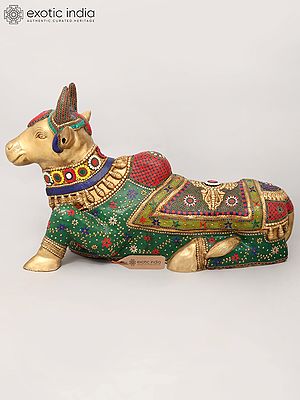Lord Shiva's Nandi: A 40" Large Brass Statue with Detailed Inlay Craftsmanship
