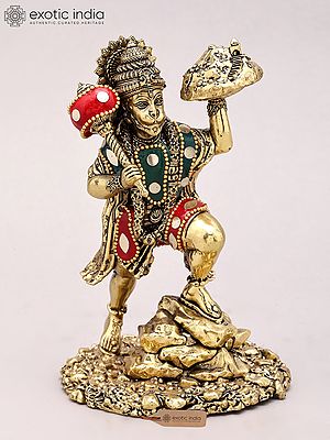 Sanjivani Hanuman Brass Statue with Inlay Work (6" Small)