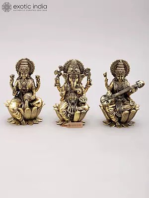 5" Small Superfine Trio of Ganesha Lakshmi Saraswati | Brass Statues