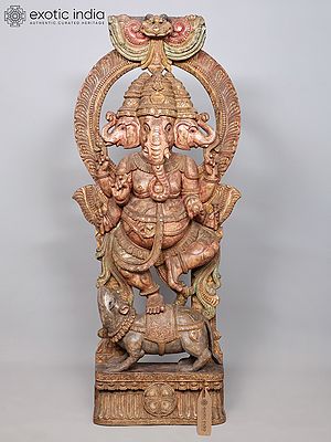 72" Large Three Face Dancing Lord Ganesha on Mushak | Wood Carved Statue
