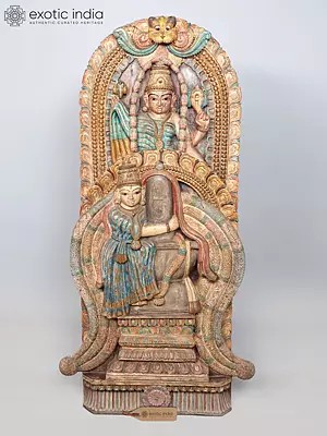 Shiva Bhakta Markandeya Being Blessed by Devi Parvati | Wood Carved Statue