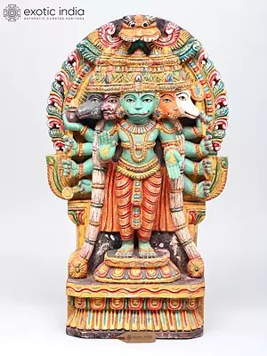 24" Wooden Standing Panchamukhi Lord Hanuman with Kirtimukha Throne