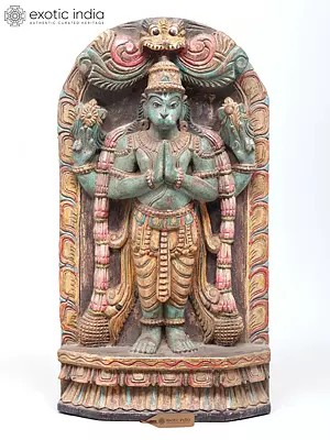 18" Four Armed Lord Hanuman Standing on Kirtimukha Throne | Wood Carved Statue