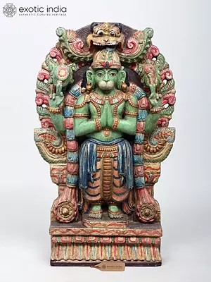 24" Standing Four Armed Lord Hanuman in Namaskar Mudra | Wood Carved Statue