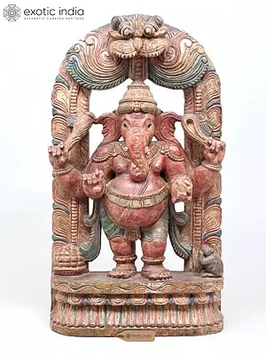 24" Standing Lord Ganesha Idol on Kirtimukha Throne | Wood Carving