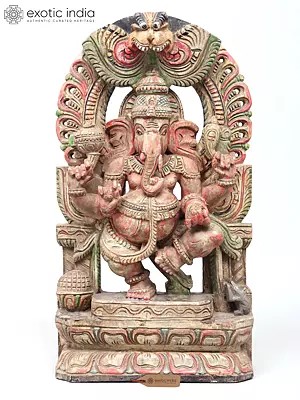 18" Wooden Dancing Chaturbhuja Lord Ganesha Sculpture | Standing and Wall Hanging Both