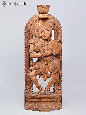 14" Large Apsara Dancing and Playing Dafli | Wood Carved Statue
