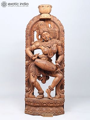 42" Large Musical Lady Playing Dholak | Wood Carved Statue